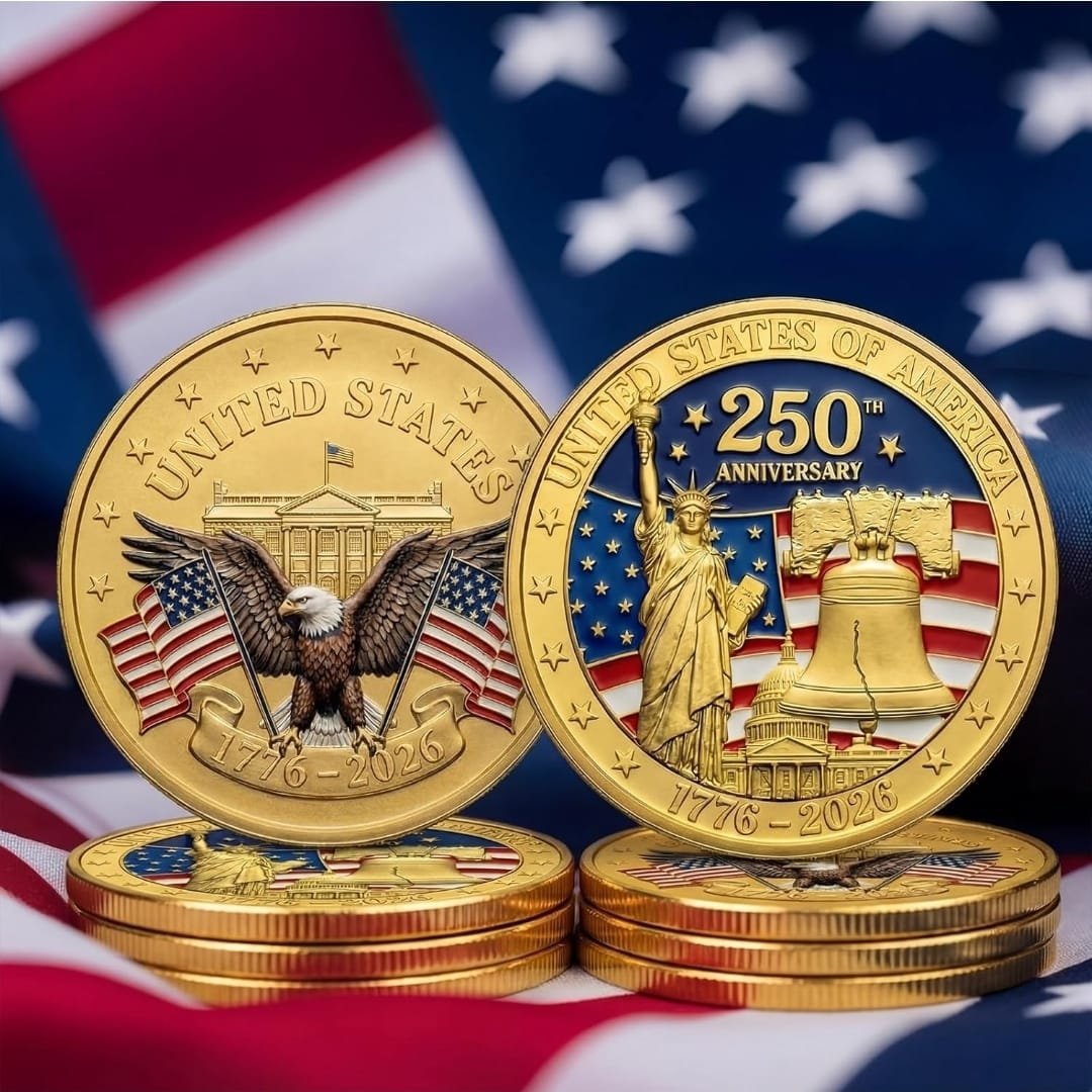 Moneda Conmemorativa 250 Años de América, anverso y reverso